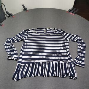 Love on Hinge Navy White Striped Peplum Top Short Sleeve Ruffle Hem Blouse L